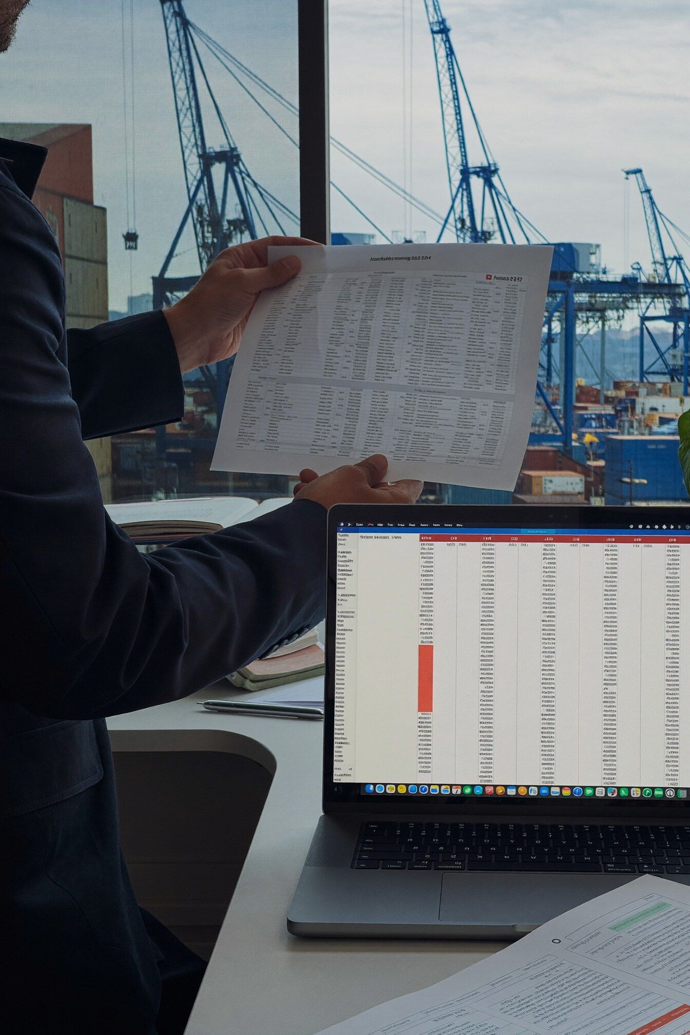 Analista confere a planilha impressa do catálogo de produtos diante do notebook, com o terminal de contêineres na janela
