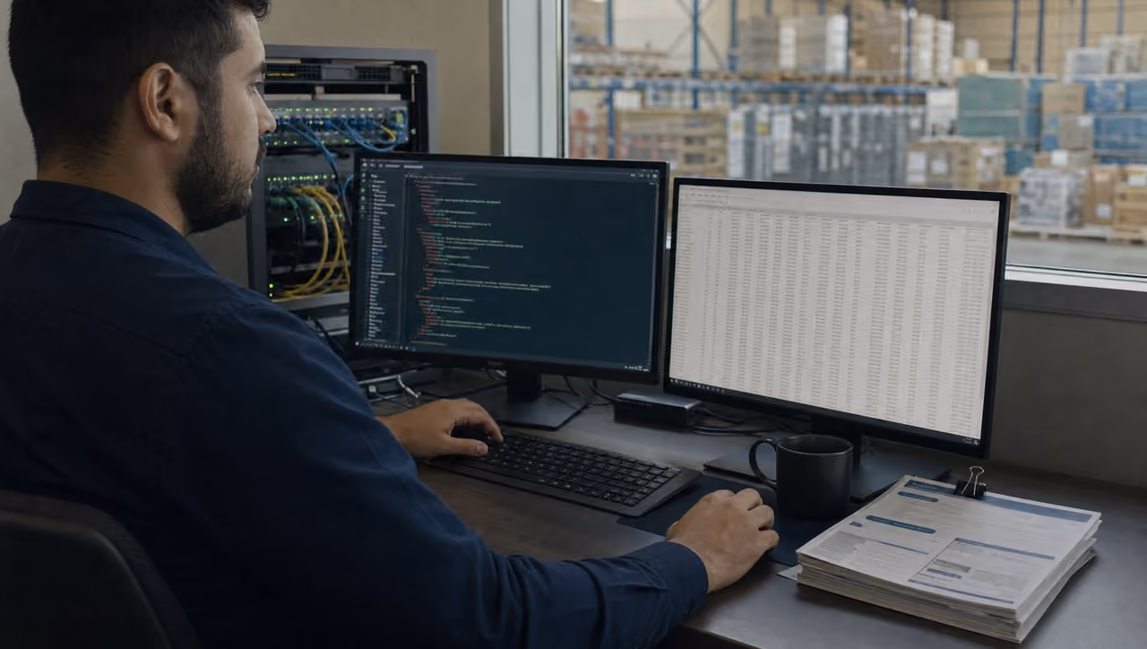 Desenvolvedor de uma importadora acompanha a resposta da API e a planilha exportada em dois monitores, com o rack de rede ao lado e o armazém atrás do vidro: as formas de entrada do catálogo no Cotejar