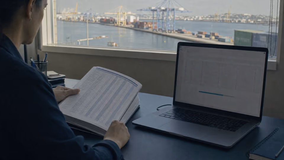 Analista regulatória de uma importadora confere o catálogo de produtos impresso ao lado do notebook que recebe a planilha, com o terminal de contêineres na janela: o catálogo entra e o Cotejar faz a verificação