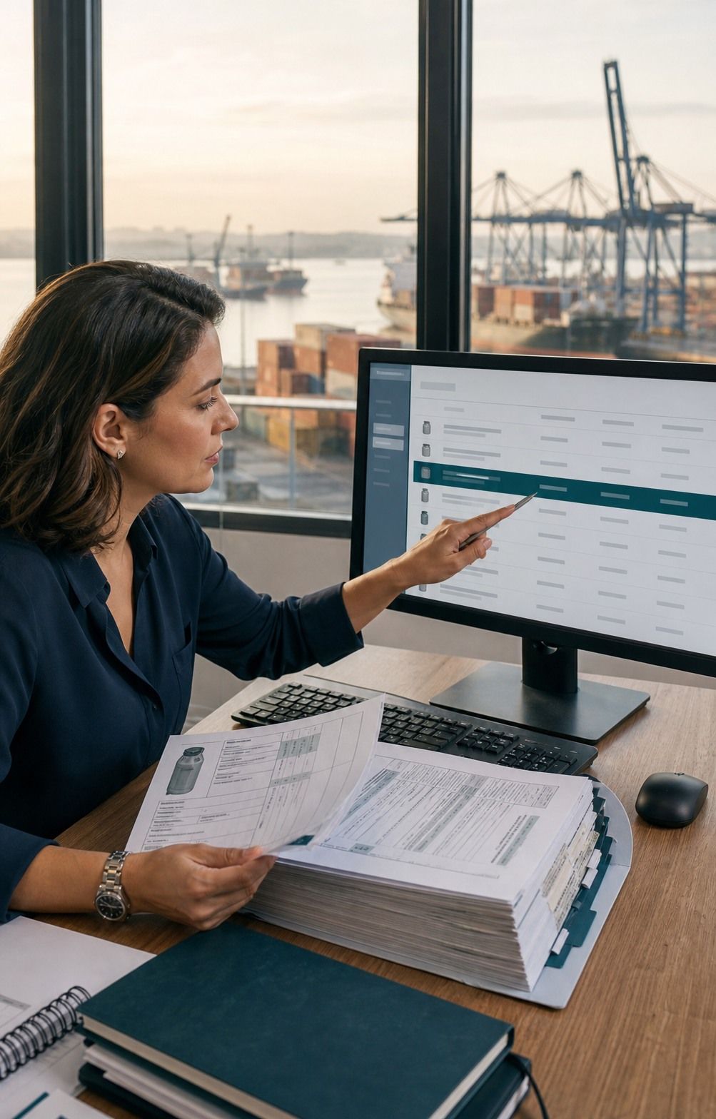 Gerente aponta um produto no monitor enquanto confere o dossiê regulatório