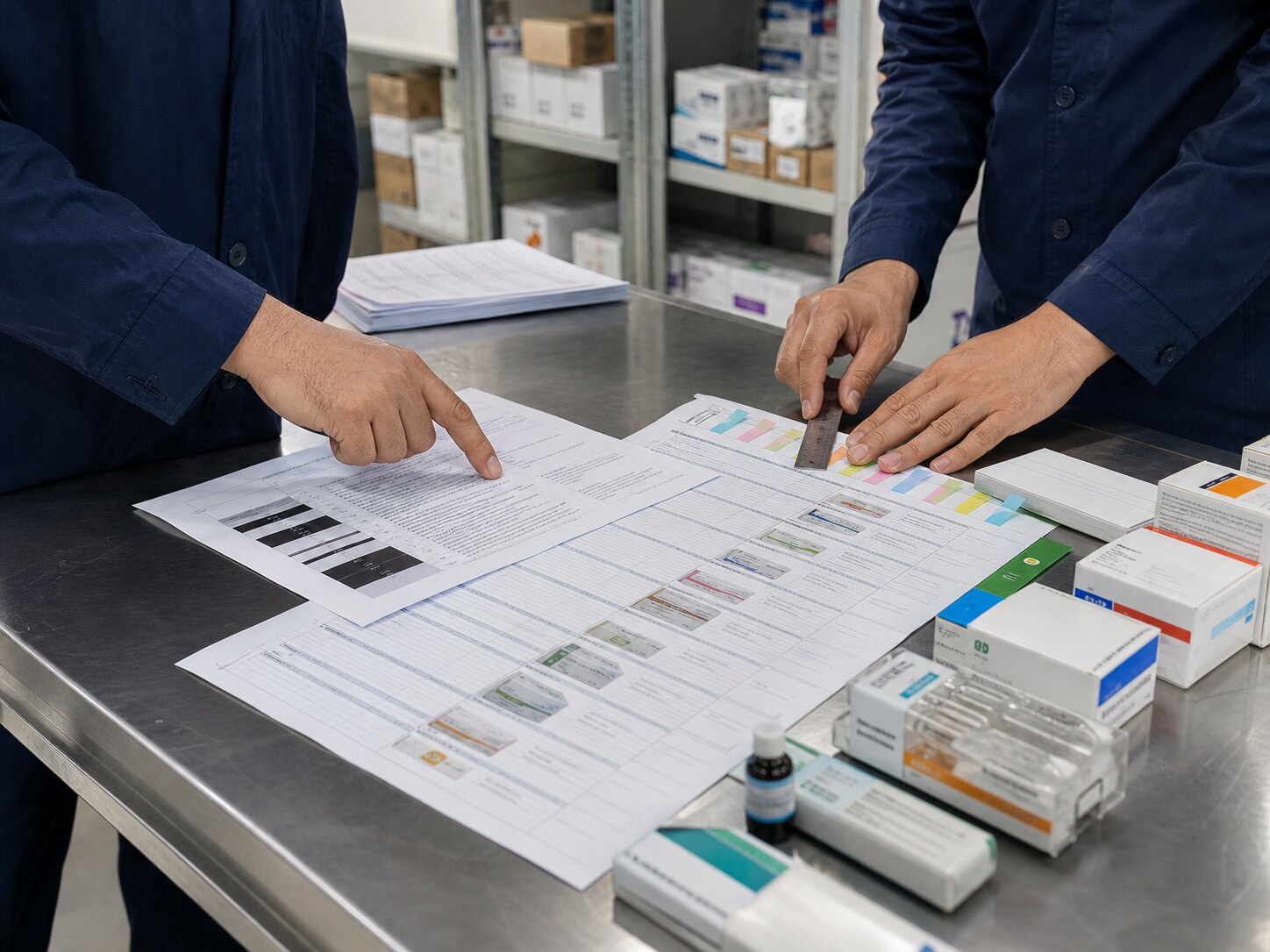 Da consulta do capítulo 97 à análise do catálogo Duas pessoas conferem documentos e embalagens de produtos de saúde sobre uma bancada